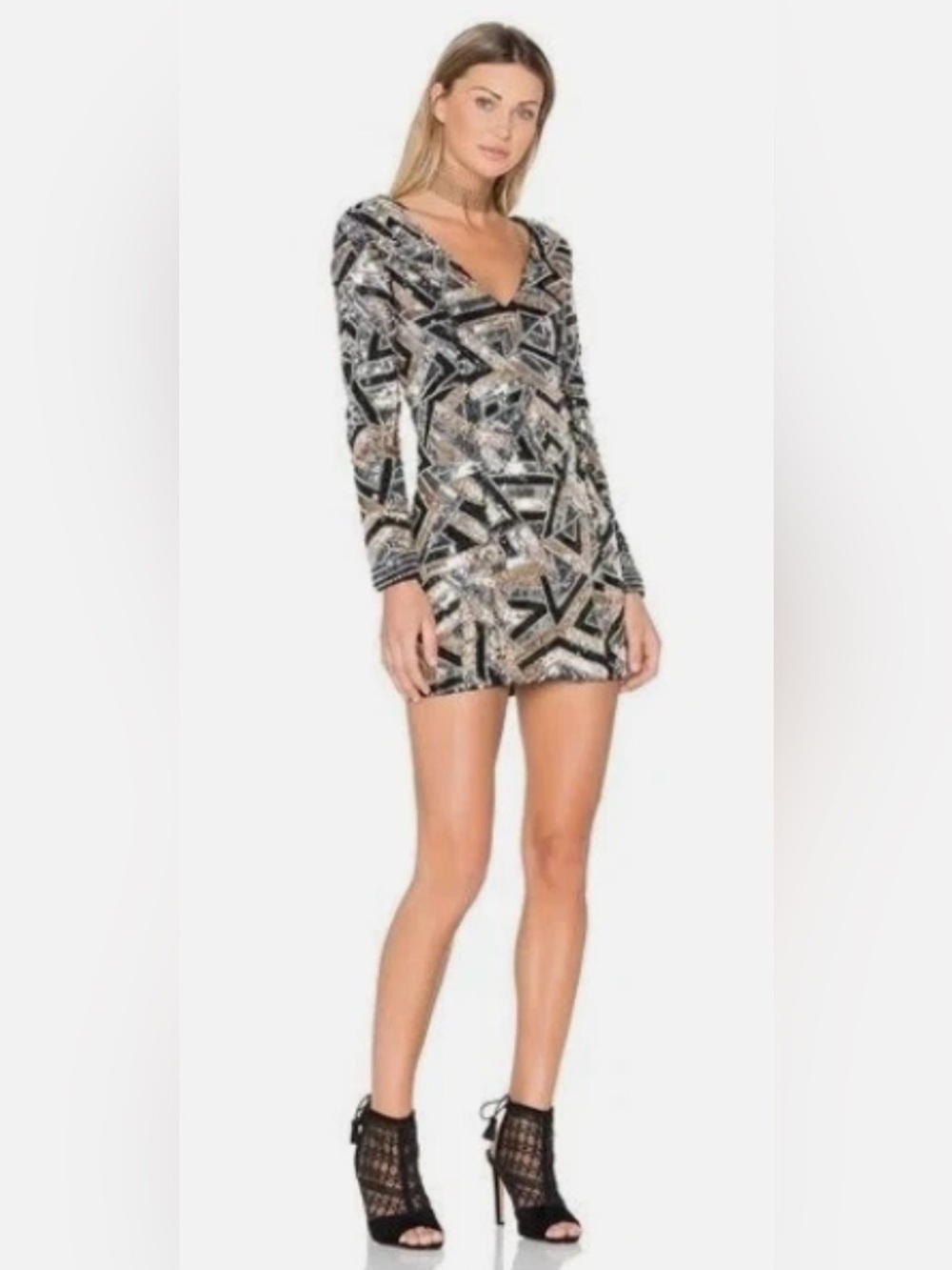 X by NBD Sequin Mini Dress Womens 0 Black Silver Gold Geometric Long Sleeve